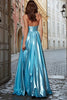 Load image into Gallery viewer, Sparkly Light Blue Strapless Metallic Long Prom Dress with Slit