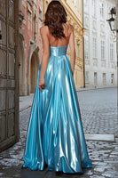 Load image into Gallery viewer, Sparkly Light Blue Strapless Metallic Long Prom Dress with Slit