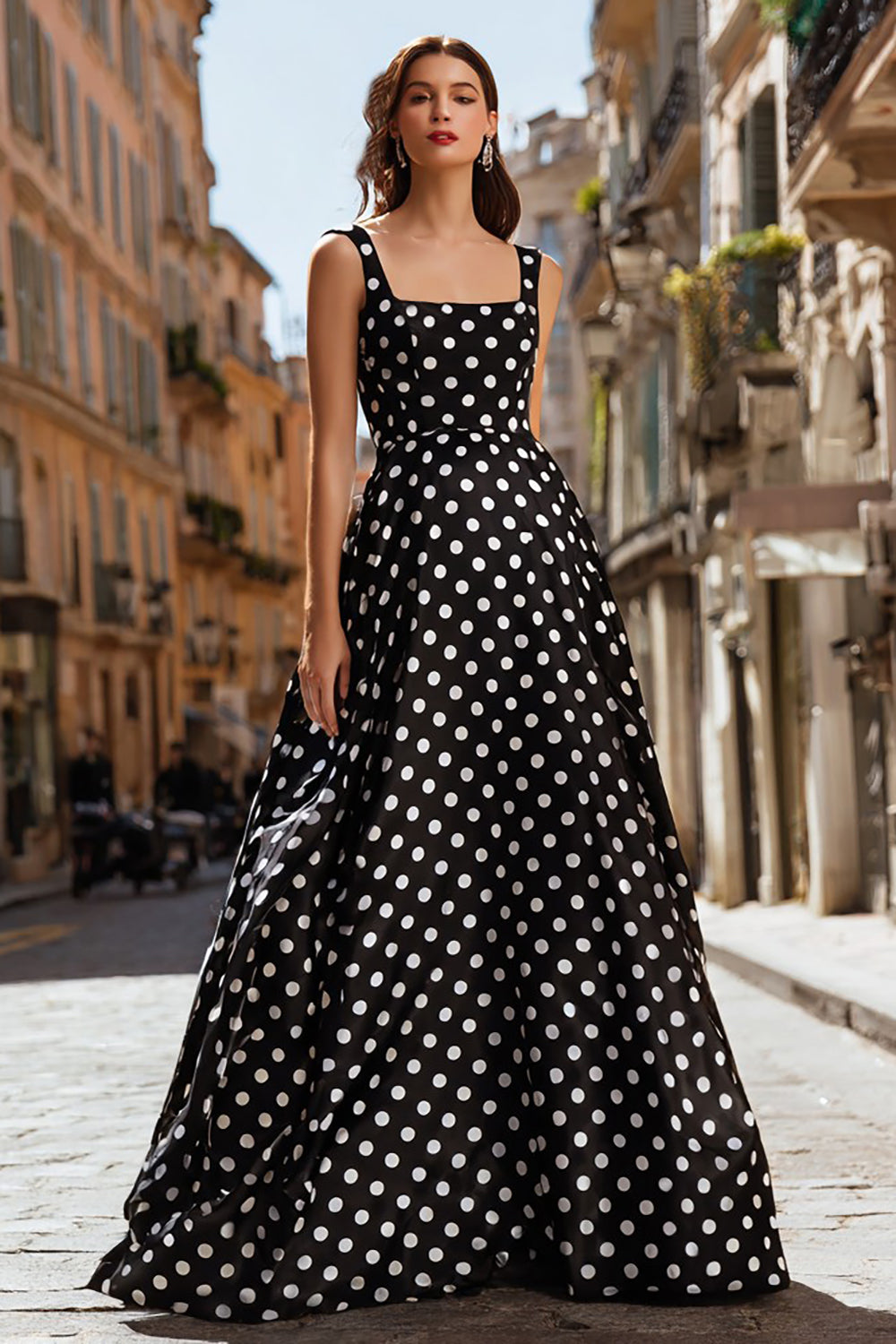Black and White Satin Polka Dots A Line Long Prom Dress
