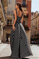 Load image into Gallery viewer, Black and White Satin Polka Dots A Line Long Prom Dress