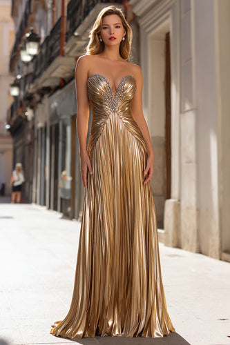 Sparkly Gold Metallic Sheath Pleated Long Prom Dress with Beading