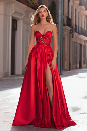 Sparkly Red Satin Strapless Beaded Long Prom Dress with Slit