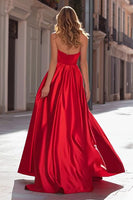 Load image into Gallery viewer, Sparkly Red Satin Strapless Beaded Long Prom Dress with Slit