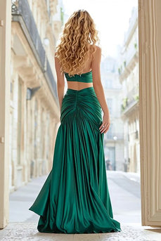 Dark Green Cut Out Satin Strapless Ruched Long Prom Dress with Slit