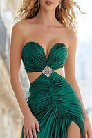 Load image into Gallery viewer, Dark Green Cut Out Satin Strapless Ruched Long Prom Dress with Slit