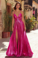 Load image into Gallery viewer, Sparkly Fuchsia Pleated Metallic A Line Long Prom Dress with Slit