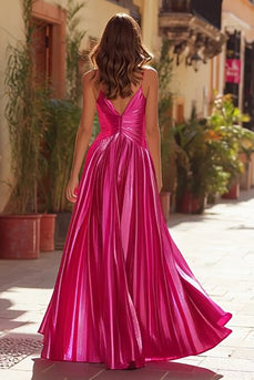 Sparkly Fuchsia Pleated Metallic A Line Long Prom Dress with Slit