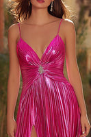 Load image into Gallery viewer, Sparkly Fuchsia Pleated Metallic A Line Long Prom Dress with Slit