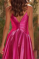 Load image into Gallery viewer, Sparkly Fuchsia Pleated Metallic A Line Long Prom Dress with Slit