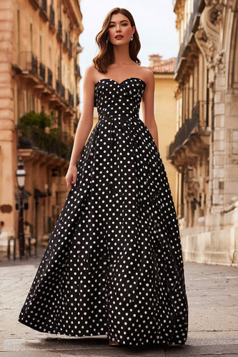 Black and White Polka Dots A Line Strapless Long Prom Dress