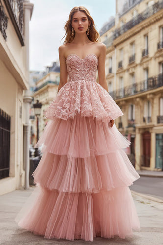Pink Tulle Ruffled A Line Strapless Long Prom Dress with Lace