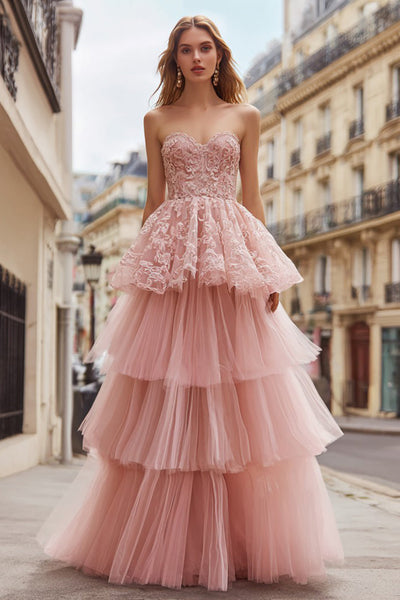 Pink Tulle Ruffled A Line Strapless Long Prom Dress with Lace