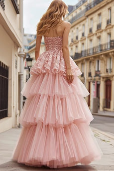 Pink Tulle Ruffled A Line Strapless Long Prom Dress with Lace