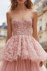 Load image into Gallery viewer, Pink Tulle Ruffled A Line Strapless Long Prom Dress with Lace