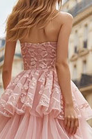 Load image into Gallery viewer, Pink Tulle Ruffled A Line Strapless Long Prom Dress with Lace