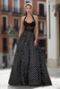 Load image into Gallery viewer, Black and White Polka Dots A Line Halter Long Corset Prom Dress with Lace
