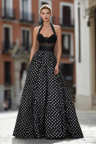 Black and White Polka Dots A Line Halter Long Corset Prom Dress with Lace