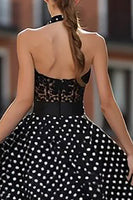 Load image into Gallery viewer, Black and White Polka Dots A Line Halter Long Corset Prom Dress with Lace