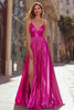 Load image into Gallery viewer, Sparkly Fuchsia Metallic Pleated Spaghetti Straps Long Prom Dress with Slit