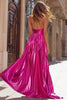 Load image into Gallery viewer, Sparkly Fuchsia Metallic Pleated Spaghetti Straps Long Prom Dress with Slit