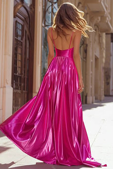 Sparkly Fuchsia Metallic Pleated Spaghetti Straps Long Prom Dress with Slit