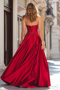 Sparkly Red Satin Beaded Strapless Long Corset Prom Dress with Slit