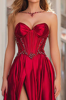 Load image into Gallery viewer, Sparkly Red Satin Beaded Strapless Long Corset Prom Dress with Slit
