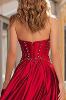 Load image into Gallery viewer, Sparkly Red Satin Beaded Strapless Long Corset Prom Dress with Slit