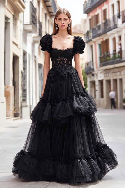 Black Ruffled A Line Tulle Long Prom Dress with Lace