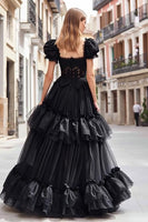 Load image into Gallery viewer, Black Ruffled A Line Tulle Long Prom Dress with Lace