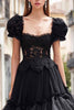 Load image into Gallery viewer, Black Ruffled A Line Tulle Long Prom Dress with Lace