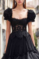 Load image into Gallery viewer, Black Ruffled A Line Tulle Long Prom Dress with Lace