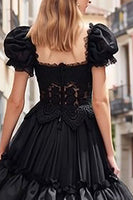 Load image into Gallery viewer, Black Ruffled A Line Tulle Long Prom Dress with Lace