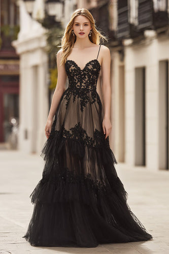 Black A Line Lace Ruffled Spaghetti Straps Long Corset Prom Dress