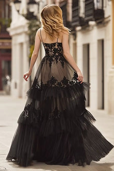 Black A Line Lace Ruffled Spaghetti Straps Long Corset Prom Dress