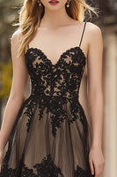 Load image into Gallery viewer, Black A Line Lace Ruffled Spaghetti Straps Long Corset Prom Dress