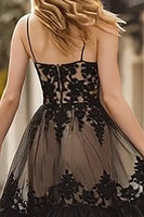 Load image into Gallery viewer, Black A Line Lace Ruffled Spaghetti Straps Long Corset Prom Dress