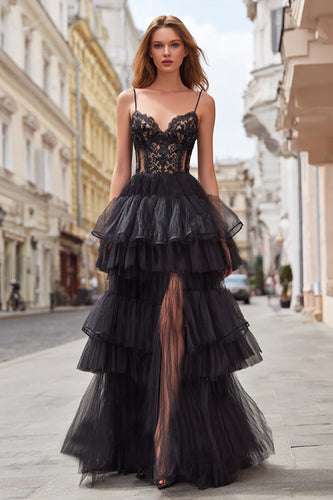 Black Tiered Tulle Spaghetti Straps Long Corset Prom Dress with Lace