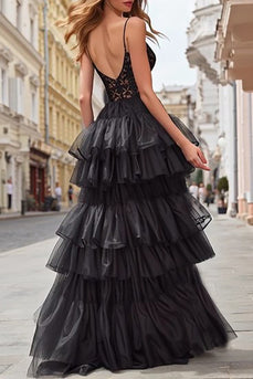 Black Tiered Tulle Spaghetti Straps Long Corset Prom Dress with Lace