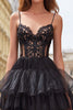 Load image into Gallery viewer, Black Tiered Tulle Spaghetti Straps Long Corset Prom Dress with Lace
