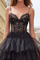 Load image into Gallery viewer, Black Tiered Tulle Spaghetti Straps Long Corset Prom Dress with Lace