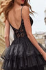Load image into Gallery viewer, Black Tiered Tulle Spaghetti Straps Long Corset Prom Dress with Lace