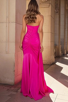 Fuchsia Satin Mermaid Sweetheart Ruched Long Prom Dress with Slit