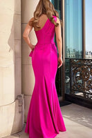 Load image into Gallery viewer, Fuchsia Mermaid Satin One Shoulder Long Prom Dress with Slit