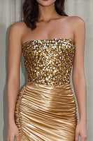 Load image into Gallery viewer, Sparkly Gold Mermaid Ruched Strapless Long Prom Dress with Sequin