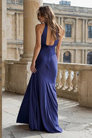 Load image into Gallery viewer, Navy Satin Halter Mermaid Backless Long Prom Dress
