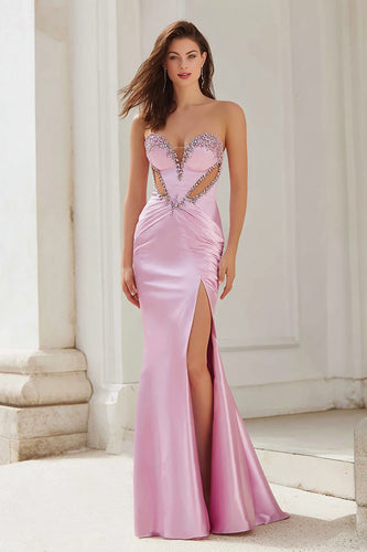 Sparkly Pink Cut Out Mermaid Satin Strapless Long Prom Dress with Slit