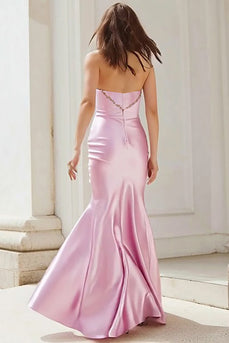 Sparkly Pink Cut Out Mermaid Satin Strapless Long Prom Dress with Slit