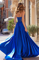 Load image into Gallery viewer, Sparkly Royal Blue A Line Satin Strapless Long Prom Dress with Slit