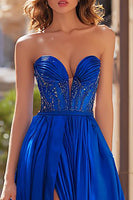 Load image into Gallery viewer, Sparkly Royal Blue A Line Satin Strapless Long Prom Dress with Slit